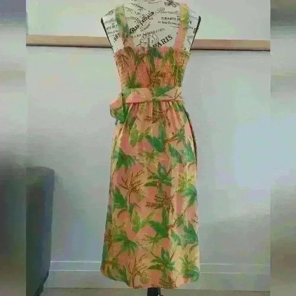 MONTEAU | Women's Peach/Pink  Tropical Linen Blend Belted Midi Sun Dress - Picture 4 of 6